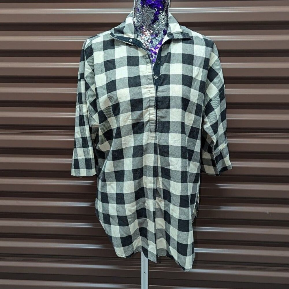 Vintage Boho Western Ardmore Size Large Black Cream Plaid Tunic Shirt Coastal